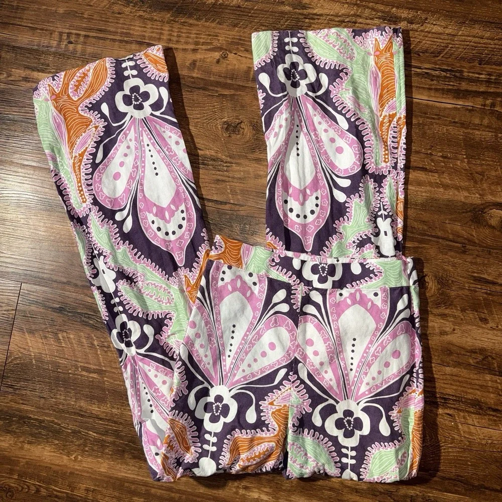 Zara Floral Paisley Print Linen Flare Leg Pants Women's Small